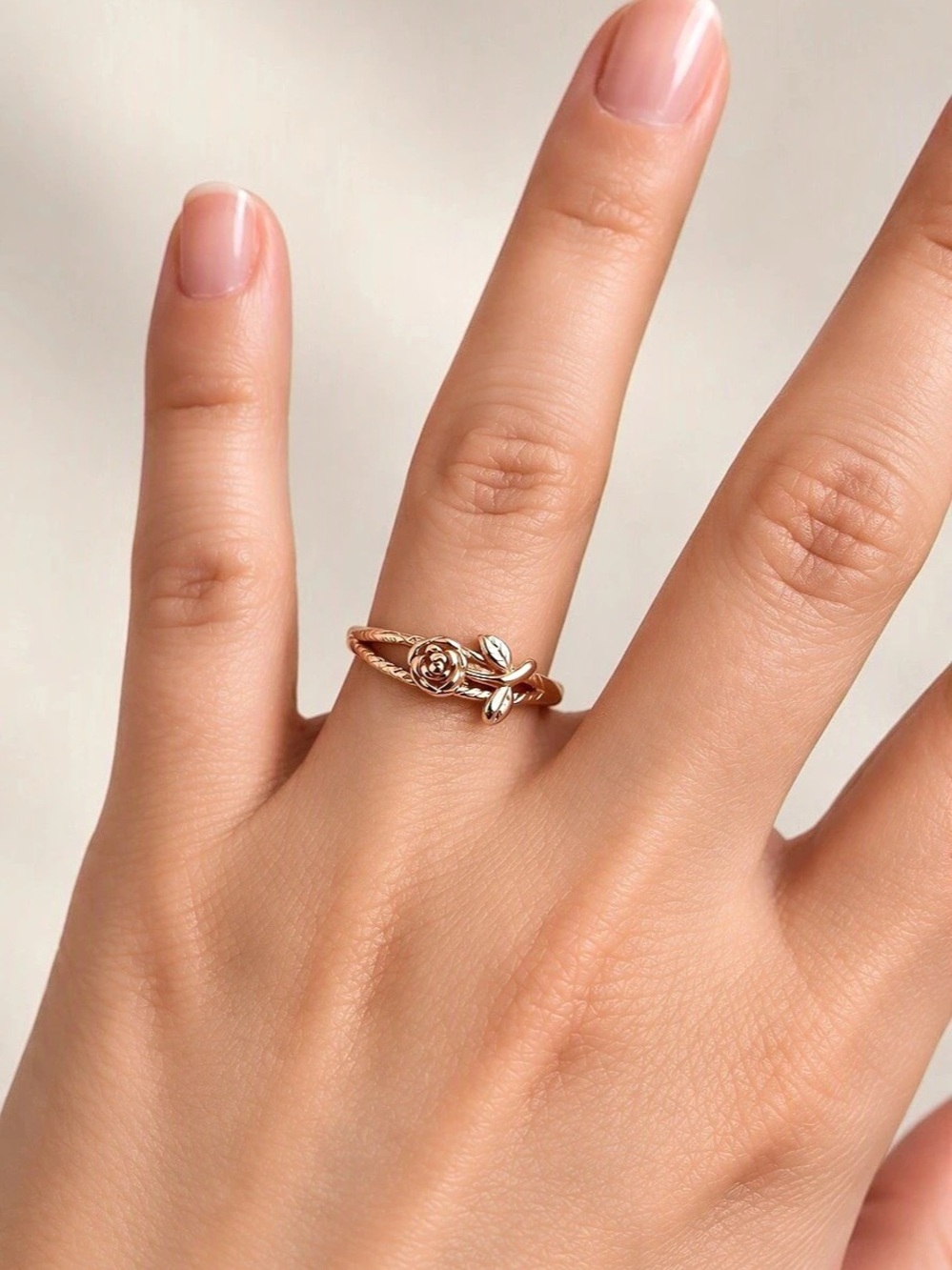 Delicate Rose Gold Tone Floral Wrap Ring with Rose & Leaf Design Size 8